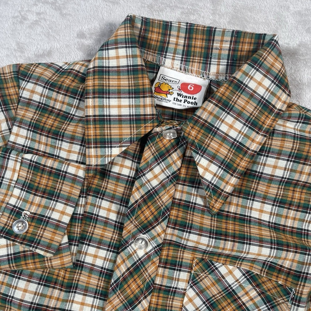 VTG 1970s Sears Winnie the Pooh Perma Prest‎ Plaid Western Button Down Boys 6
